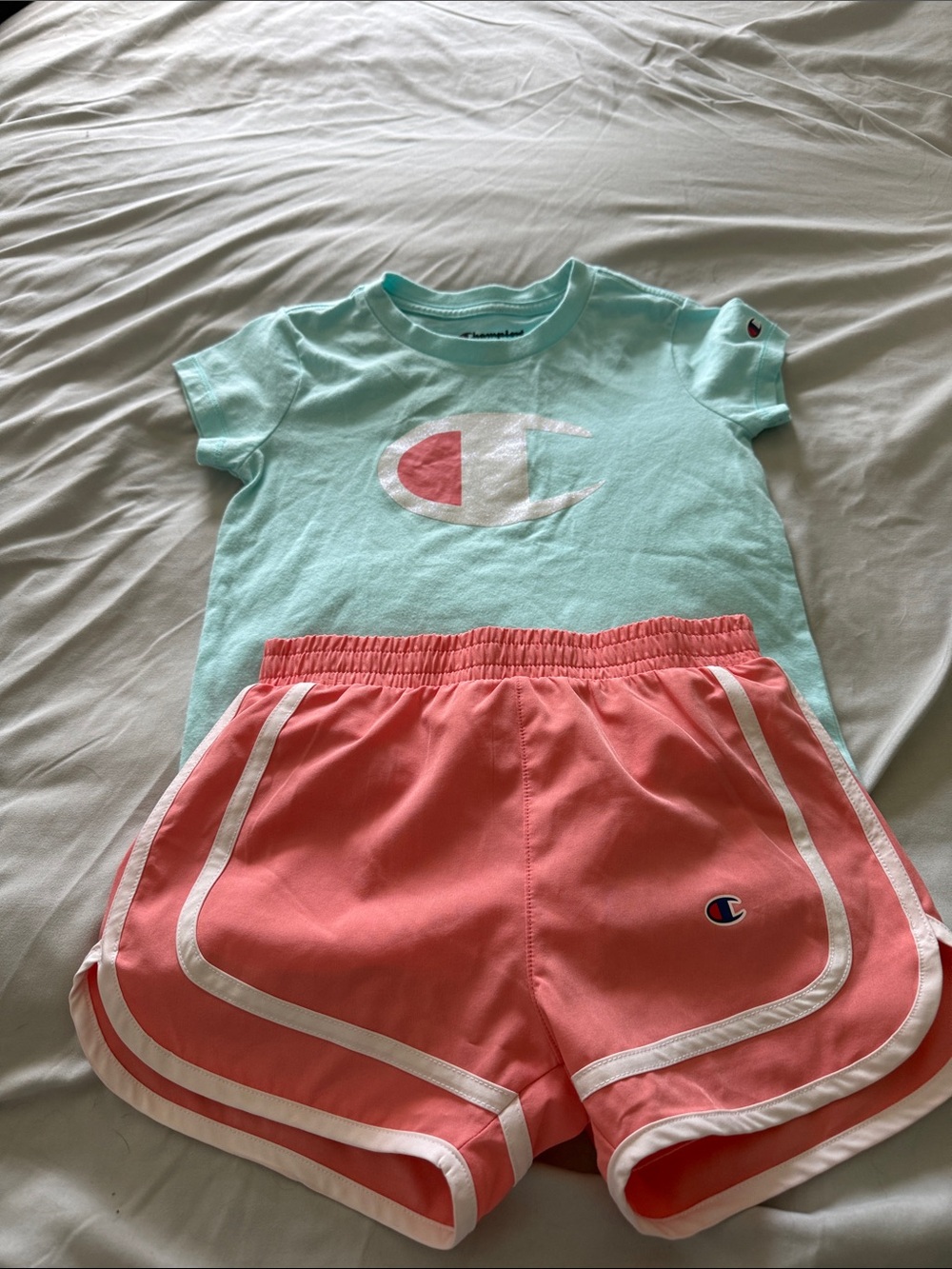 Champion Mint Green Tee with Coral Pink Athletic Shorts Set